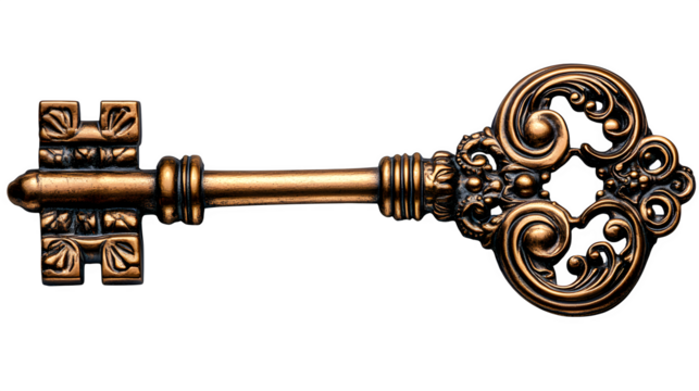 Golden key with ornate design isolated on white background, HD, realistic