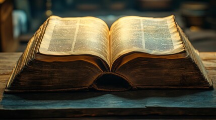 Obraz premium An aged, open book, filled with historical text, sits on a wooden surface.