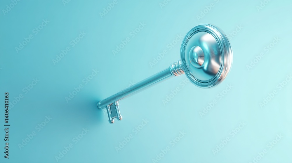 Poster single key resting on a blue background representing security and access to new horizons in a modern