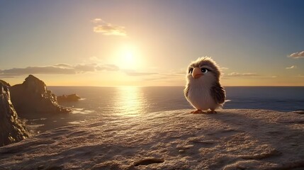 Cute anime cockatiel at sunset over ocean playful scene serene environment charming view