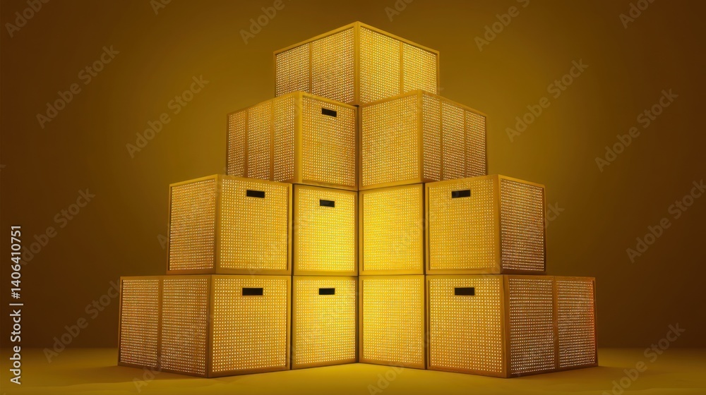 Poster stack of wooden crates arranged neatly with a glowing cube illuminating the surroundings in a rustic