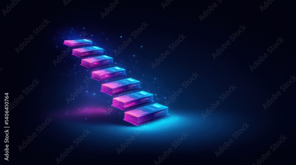 Poster glowing staircase made of floating blocks leading to a data bridge created from pages in an imaginat