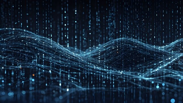 A high-tech digital background featuring a glowing stream of binary code flowing through an abstract AI data landscape. Perfect for technology, cybersecurity, and artificial intelligence concepts.
