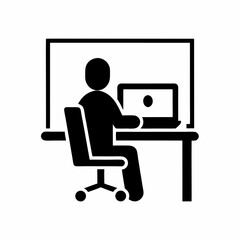 Minimal Remote Work Person Using Laptop Vector Icon Silhouette.