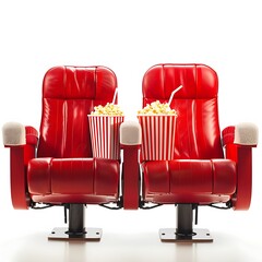 Red leather armchairs with popcorn and soda on a white background.