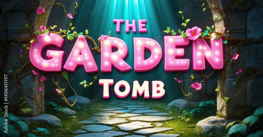 Poster bright pink title garden tomb dominates image. stone archway frames path leading into darkness. lush