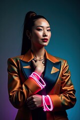 Confident young woman in stylish orange blazer with neon accessories posing against a gradient background