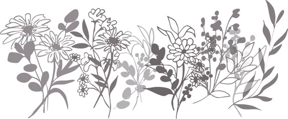 草木の線画。草木と花のベクターイラスト。草木の飾りフレーム。Line drawing of plants and trees. Vector illustration of plants, trees and flowers. Decorative frame of plants and trees.