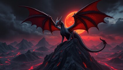 Pixelated Creature On Volcanic Peak At Night