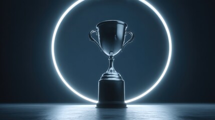 Captivating trophy inside a glowing neon circle against a dark background representing achievement and success