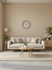 Beige living room interior. Neutral tones, wooden coffee table, and light beige sofa create a calm and inviting space.