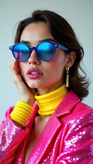 Obraz premium Stylish woman in vibrant pink blazer and yellow accessories posing confidently against a plain backdrop