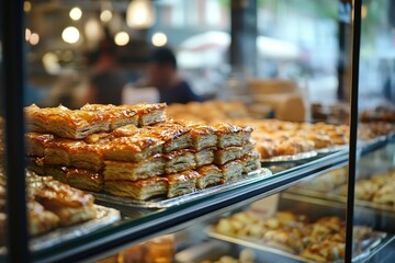 A display of pastries in a bakery case.