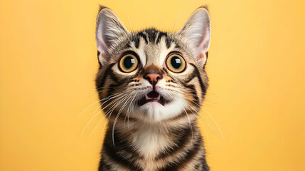 Obraz premium Surprised Tabby Cat With Wide Eyes and Whiskers Against A Bright Yellow Backdrop