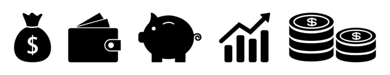 Black vector icons of money bag, wallet, piggy bank, coins, and growth chart. Perfect for finance, banking, saving, investment, and business themes in modern flat design. Icon, vector.