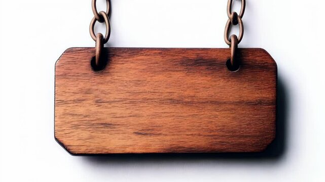 A rustic wooden blank sign hangs from a chain against a white background, perfect for customizing messages or branding opportunities in various settings.