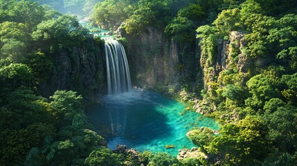 Fototapeta premium Serene Waterfall Cascading into Crystal Clear Tropical Pool