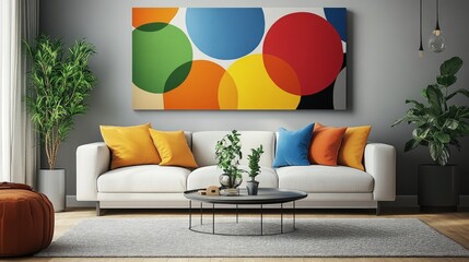 Colorful abstract art piece adorns a modern living room with a white sofa, colorful cushions, and plants