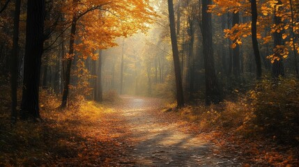 Obraz premium Serene autumnal pathway illuminated by dappled sunlight filtering through trees
