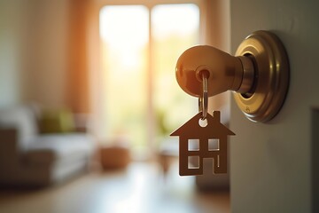 A Key In A Door Lock Has A House Keychain, Moving Into A New Home, Real Estate Transaction, Home Ownership, Fresh Start