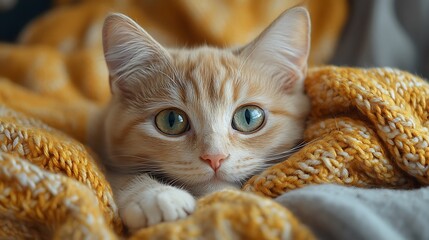 Precious kitten cuddled yarn blanket soft fur texture cozy moment closeup photo