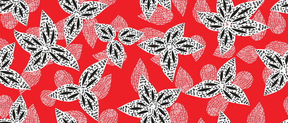 African ethnic traditional red pattern. seamless beautiful Kitenge, chitenge style. fashion design in colorful. White flower  Geometric abstract motif. Floral Ankara prints, African wax prints.