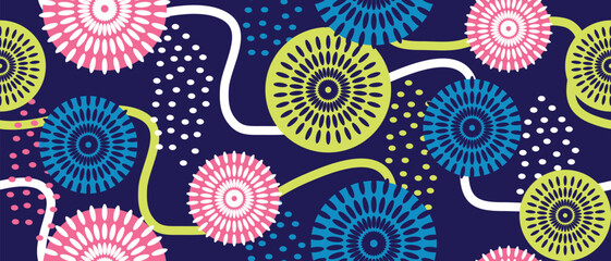 African ethnic traditional blue pattern. seamless beautiful Kitenge, chitenge style. fashion design in colorful. Geometric circle abstract motif. Floral Ankara prints, African wax prints.