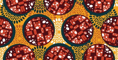 African ethnic traditional yellow, tangerine pattern. seamless beautiful Kitenge, chitenge style. fashion design in colorful. Geometric circle abstract motif. Floral Ankara prints, African wax prints.