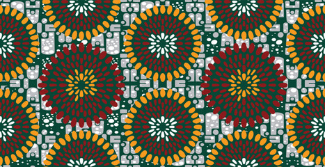 African ethnic traditional green pattern. seamless beautiful Kitenge, chitenge style. fashion design in colorful. Geometric circle abstract motif. Floral Ankara prints, African wax prints.
