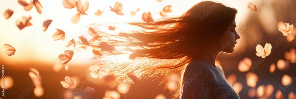 Poster Soft wind swirling flower petals forms a human shape during sunset in a tranquil setting with natural light and movement