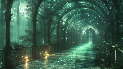 Obraz premium Mystical, glowing pathway through an overgrown archway
