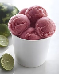 Watermelon sorbet scoops in a white cup with fresh melons in background