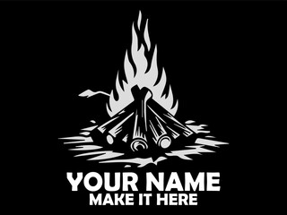 Stylized white silhouette of a crackling campfire with burning logs against a stark black backdrop. Nature concept, illustration crackling campfire vector art and crackling campfire logo