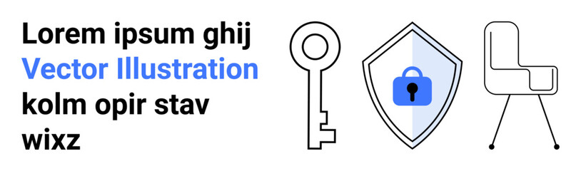 Key next to shield with lock symbol and simple chair design. Ideal for security, access, protection, privacy, safety, office productivity, modern design, flat landing page banner