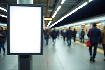 A Blank White Advertising Billboard Stands In A Busy Subway Station With Passengers Walking By, Urban Marketing, Public Advertisement, Mockup