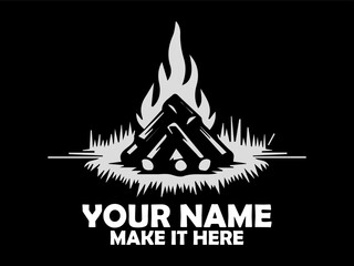 Stylized white silhouette of a crackling campfire with burning logs against a stark black backdrop. Nature concept, illustration crackling campfire vector art and crackling campfire logo