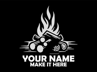 Stylized white silhouette of a crackling campfire with burning logs against a stark black backdrop. Nature concept, illustration crackling campfire vector art and crackling campfire logo