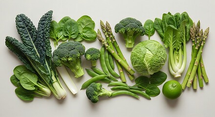 Green vegetable arrangement on a neutral background, clean and modern