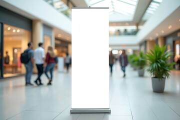 A Blank White Retractable Banner Stand Is Placed In A Shopping Mall, Trade Show, Marketing Display, Retail Advertising, Brand Awareness, Mockup