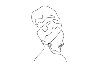 Face of an Afro American woman with a turban in a modern abstract minimalist one line style. Continuous black line simple drawing. Graphic illustration
