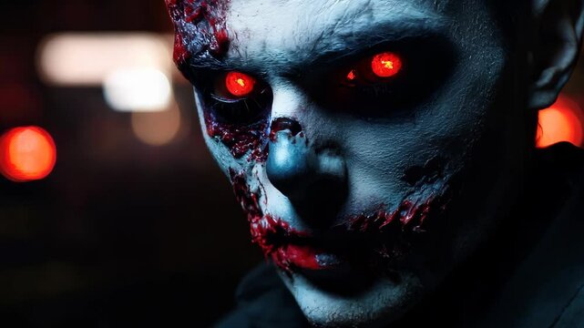 A chilling image of a zombie character with glowing red eyes, set in a dark background. The striking makeup and eerie expression create a perfect horror-themed atmosphere.