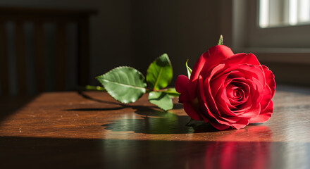 A stunning red rose, perfectly bloomed, lies gracefully on a wooden table, bathed in sunlight.