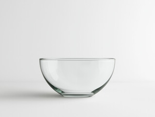 A clear glass bowl sits on a plain surface, showcasing its simple yet elegant design against a light background.