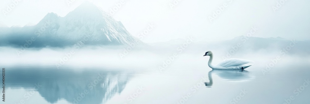Poster swan gliding smoothly over still water with a serene reflection in a tranquil landscape at dawn