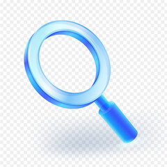 3D magnifying glass icon in blue gradient on transparent background. Ideal for search, zoom, or analysis interface designs. Isolated vector with realistic shadow. EPS file.