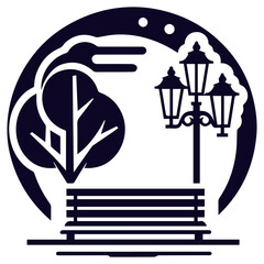 Graceful lamp post blending modern bench, artistic detail, and abstract trees