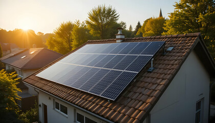 Fototapeta premium Solar Panels Installed on Residential House Rooftop in Sunny Neighborhood