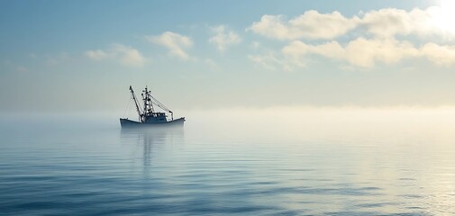 Serene morning seascape with gentle mist and a distant fishing boat.