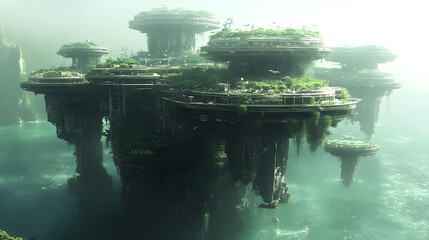 Floating islands in a misty, surreal landscape. Lush vegetation thrives on futuristic, decaying structures