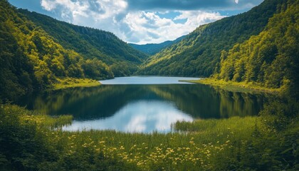 Fototapeta premium Serene mountain lake reflecting cloudy skies and lush green forest landscape